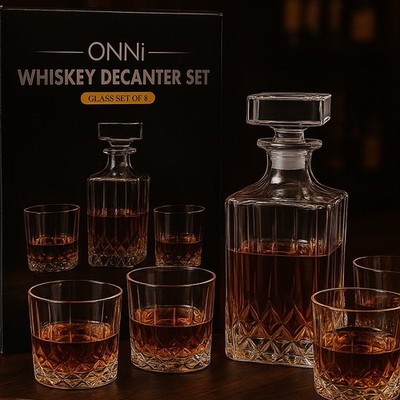 ONNi Whiskey Decanter Set 5-Piece Lead-Free Crystal Glass Barware Gift Set NIB