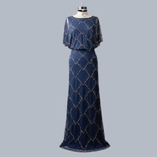Adrianna Papell Navy Blue Beaded Sequin Diamond Mesh Gown Flutter Sleeve Size 4