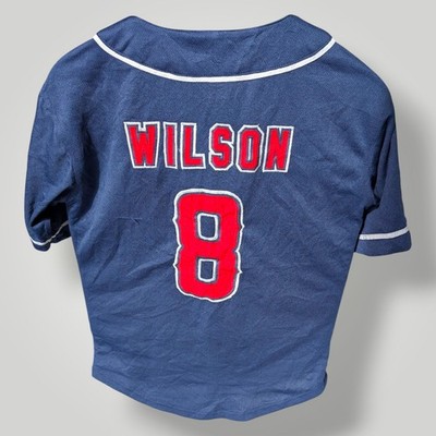 Warriors Baseball Trikot dunkelblau rot genäht Nummer 8 Garb Athletics YXL