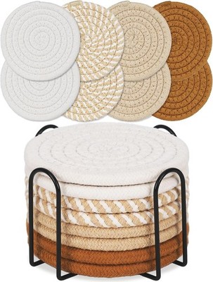 8 Pcs Drink Coasters with Holder, Boho Minimalist Cotton Woven Coasters Set for