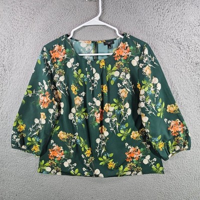 Talbots Petites Green Floral Blouse MP Medium Petite 3/4 Sleeve Pleat Neck Top