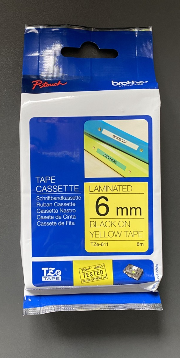 Genuine Brother P-Touch Tape - BLACK ON YELLOW LAM TZe-611 / 6mm x 8m (INC VAT)