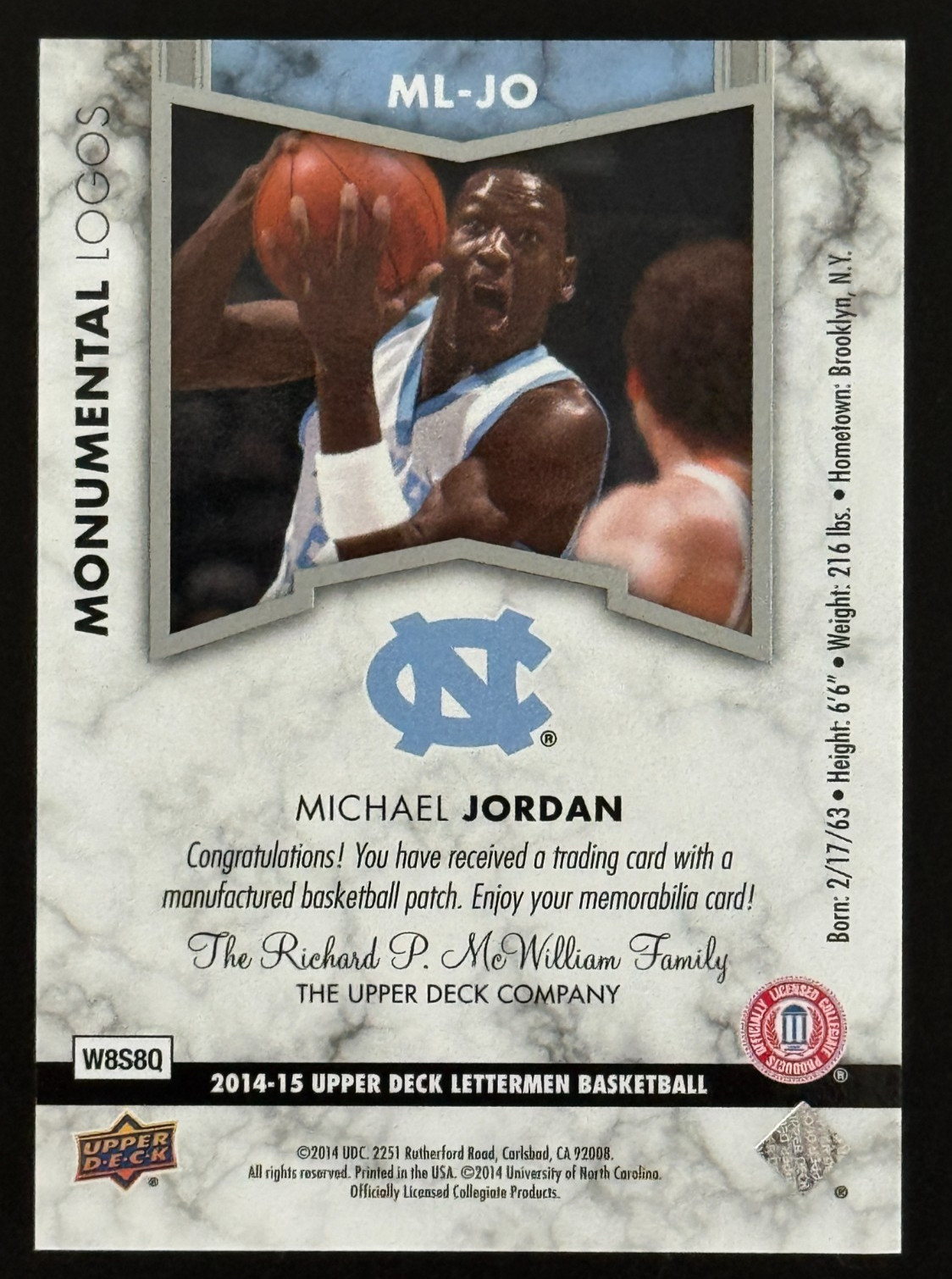 2014 UD Lettermen /15 Michael Jordan Monumental Logos Patch - position 15 in set view 2
