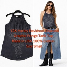 Harley Davidson Charcoal Graphic Fringe Tank Top Y2K Made in USA Cotton Small