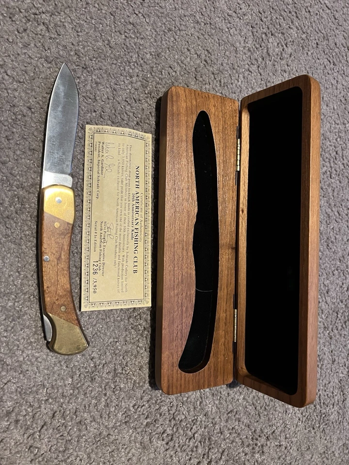 Schrade 10th Anniversary North American Fishing Club Knife In Wood Case . - Image 3 of 4