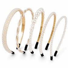 5 Pack White Faux Pearl NonSlip Bridal Headbands Hair Accessories Women