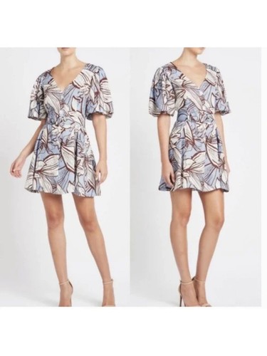 NICHOLAS Womens Blue Belted Lantern Sleeves V Neck Short Fit + Flare Dress 4