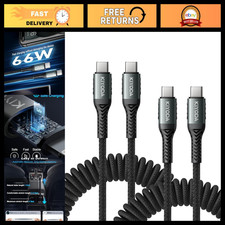 Coiled USB C to USB C Cable 3FT 2-Pack, Braided Type C Charger for Car, Black