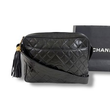 CHANEL Black Leather Diamond CC Quilted Camera Crossbody Tassel Bag Lambskin