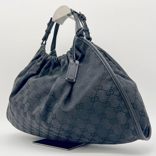 Gucci GG Canvas Drawstring Leather Handbag Black Used