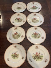 SET OF 8 ANTIQUE VINTAGE AMBASSADOR WARE ENGLAND ENGLISH HUNTING SCENE 9" PLATES
