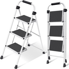 3-Step Folding Ladder Stool with Anti-Slip Pedals - White, Multi-Use