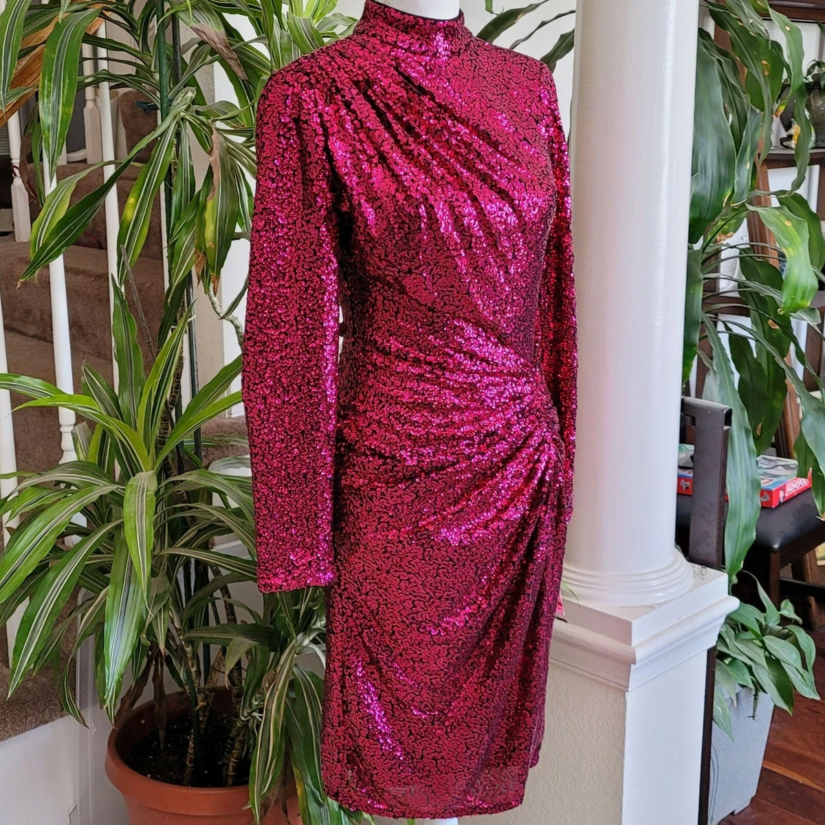 Tadashi Shoji Rani Long Sleeve Sequined Dress Fuchsia Sz XS