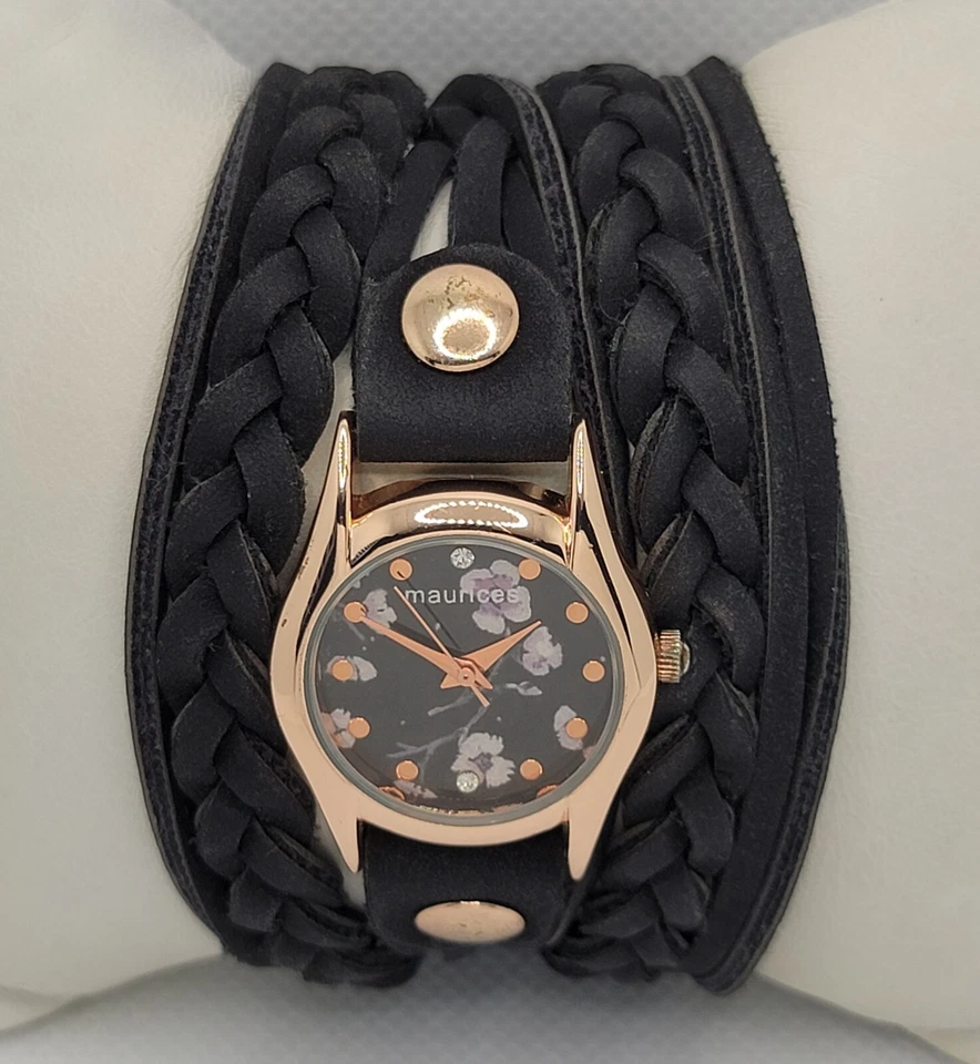 Hermoso reloj pulsera ancho esfera negra tono oro rosa redondo Maurices para dama L6 Foto 4 de 4