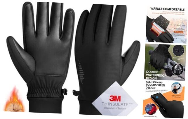 Winter Gloves for Men & Women – Touchscreen, Warm, Waterproof, Windproof, Medium Size in Black-image