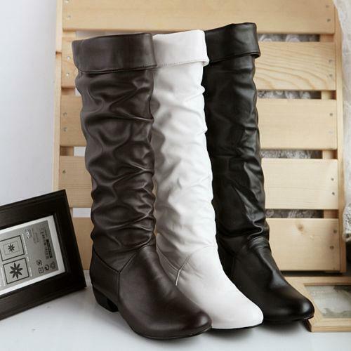 Women's Knee High Long Boots faux leather Winter Flat low Heels Boot Shoes new  - Afbeelding 1 van 6