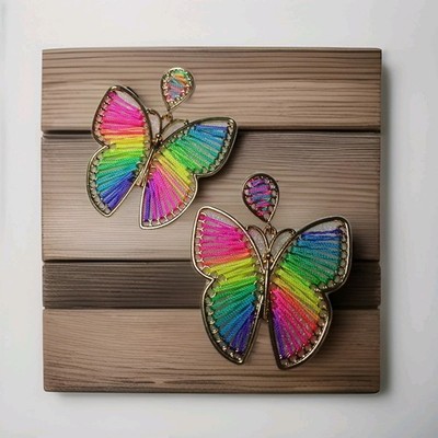 Large Vibrant Goldtone Butterfly Earrings  Stud,dangle, Colorful Threads. 2'' Lg