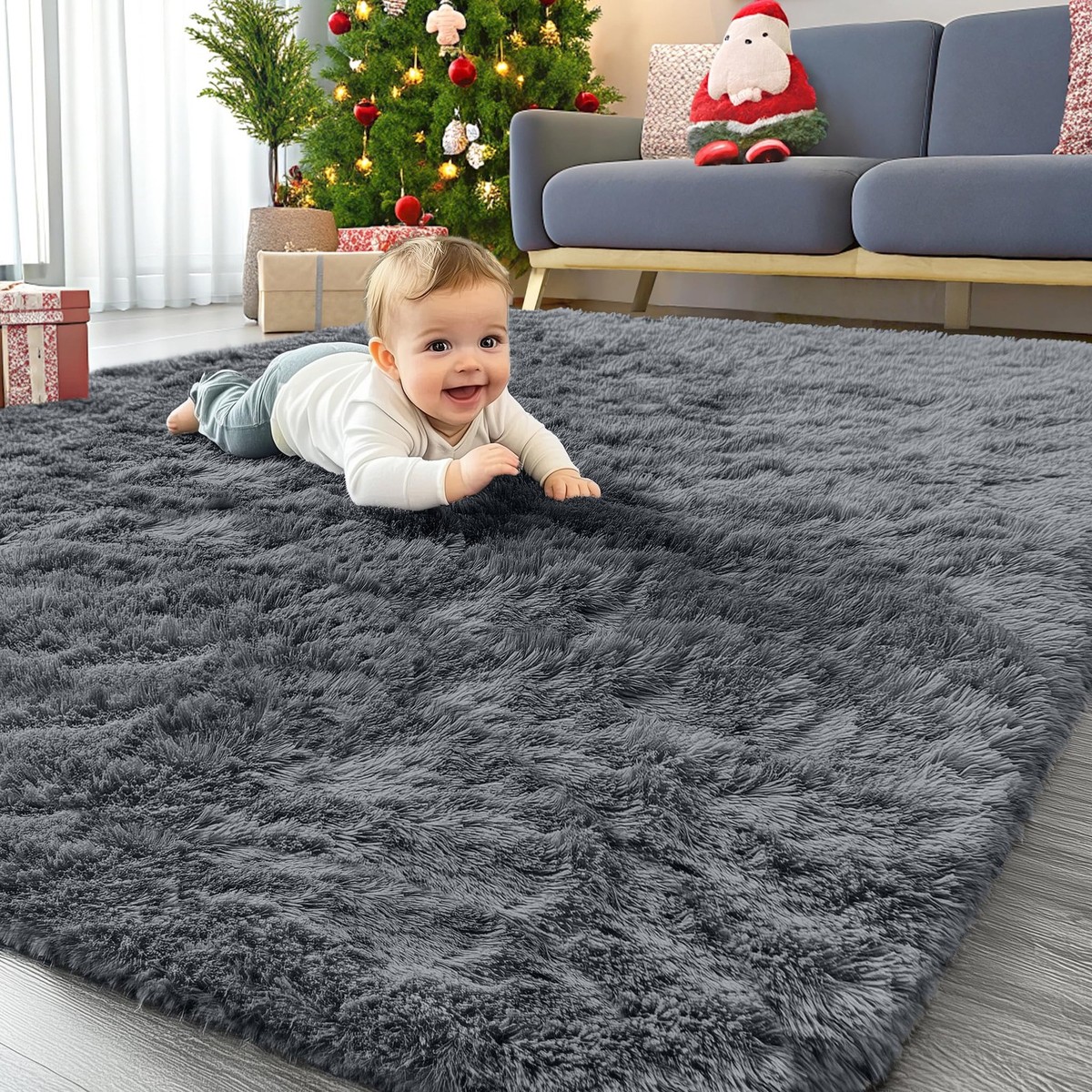 Machine Washable Grey Shaggy Rug 4x5.9 ft for Living Room, Bedroom