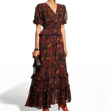 Farm Rio Butterfly Sky Maxi Dress Small S Tiered Ruffle Puff Sleeve V Neck Boho