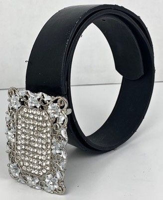 Zara Grupo Inditex Rhinestone Floral Silver Buckle Black Belt Size 85 31.5''