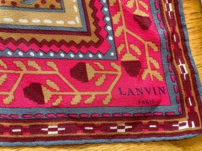 Vintage Lanvin Paris Silk Jacquard Scarf Geometric Folk Floral Red Berry 31''