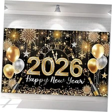  Happy New Year 2026 Backdrop Banner Black and New Year Party Background Gold