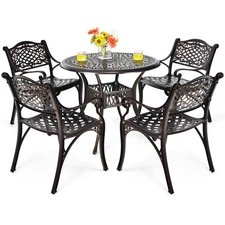 Patiojoy 5 PCS Patio Dining Bistro Sets Cast Aluminum Round Patio Table W/Chairs