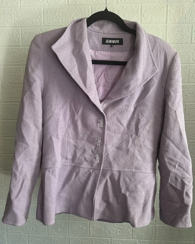 Jean Muir, Vintage Jean Muir Flieder Lila Wolle Krepp Tailored Sakko Blazer Weiter Kragen 10