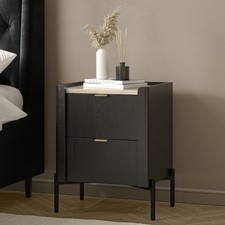 Wide Black Marble-Effect Top 2-Drawer Oak Bedside Table - Gio GII001