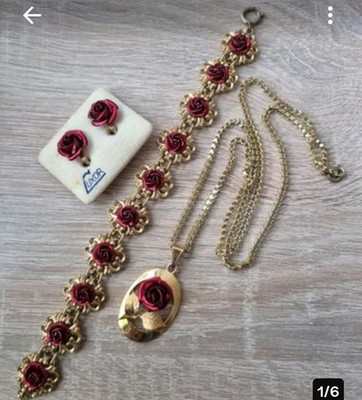 Luxor Schmuckset Goldfarben rote Rosen 3 teilig gebraucht
