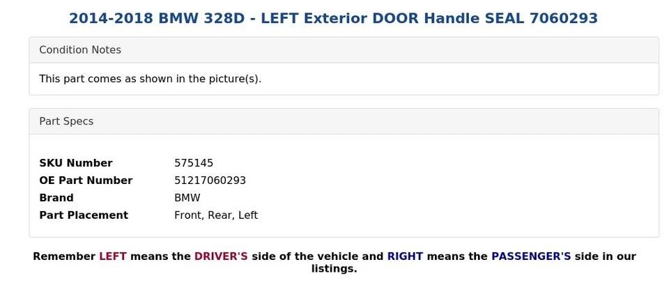 2014-2018 宝马 328D - 左外门把手密封 7060293 — 第 4/4 张图片