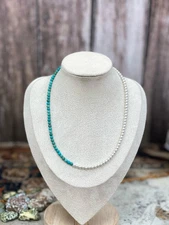 Handmade Sterling Silver Kingman Turquoise 4MM Necklace with Silver Beads, Sign