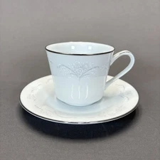 Noritake Casablanca 6842 Footed Cup and Saucer Replacements White Platinum Trim