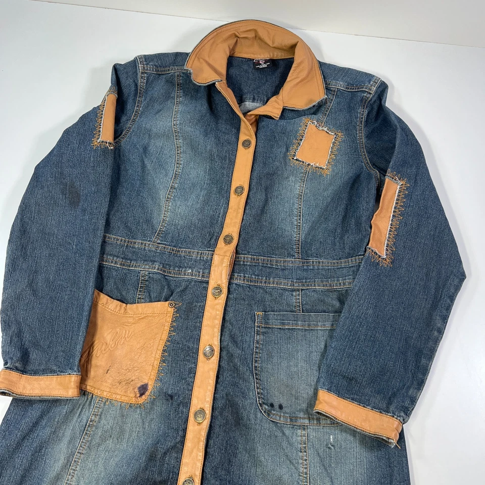 Vintage Fubu Jacket Womens Medium Denim Overcoat Leather Patchwork Boho Hippie - Image 2 of 4