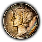 1939 10c Mercury Silver Dime - PQ Rainbow Toning- SKU-Y6354