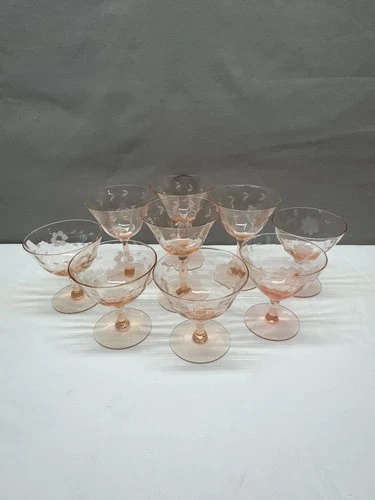 9 Vintage Etched Floral Pink Depression Glasses Champagne Cocktail Wine Stemmed