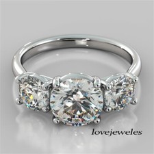 3-Stone 3CT Round Cut Real Moissanite 14K White Gold Over Wedding Ring Gift