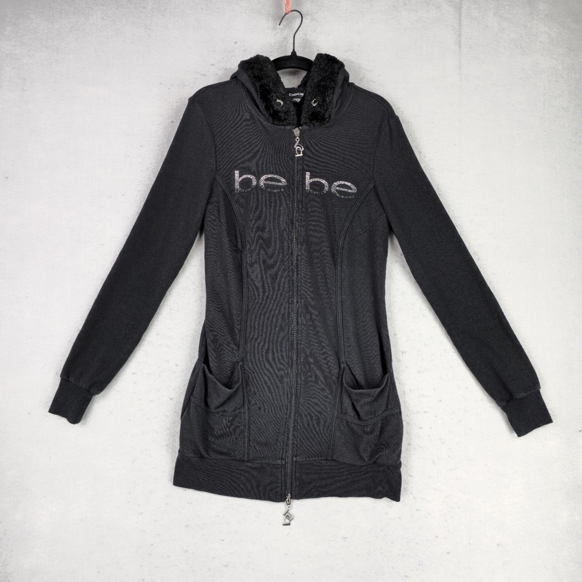 Bebe Long Zip Up Hoodie Womens M Black Rhinestone Logo Y2K Style