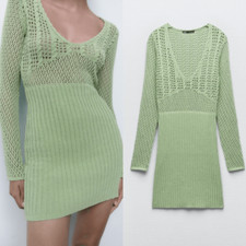 Zara green chenille open knit mini dress women’s size S Y2K retro