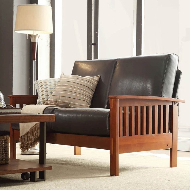 Mission Style Loveseat Wood Oak Finish Sofa Dark Brown Faux Wood Oak Finish Sofa Dark Brown Faux