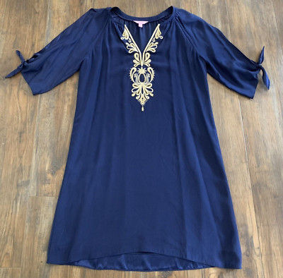 Lilly Pulitzer Bryce Silk Dress Embroidered V-Neck Navy Blue Gold Thread Lined S