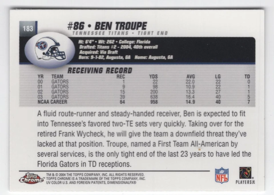 2004 Topps Chrome Ben Troupe Rookie Tennessee Titans #183 - Image 2 of 2