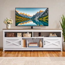 TV Stand with Adjustable Shelves Power Outlets Barn Doors for 75 in TVs Console