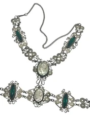 Antique Art Deco Era Cameo Green Glass Filigree Style Festoon Necklace bracelet