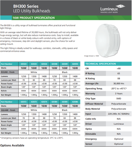 10 X Lumineux LED Round Bulkhead Light 16W 3000K Black 420348 - Picture 2 of 3