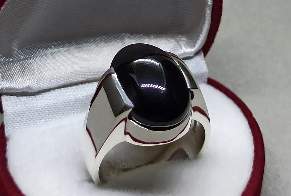 Natural Yemeni Aqeeq/ Cat Eye/ Turquoise Sterling Silver 925 Handmade Plain Ring - Image 3 of 4