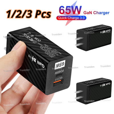 65W GaN USB C Fast Wall Charger PD QC3.0 Adapter For MacBook iPhone iPad Samsung