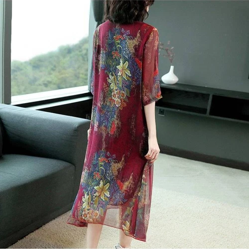 Women Chiffon Print Midi Dress Half Sleeves Casual Loose A-line Retro Ethnic - Picture 5 of 22