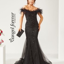 Angel Forever AF4306 size 18 2XL Black Sequin Feathers Evening Dress NWT