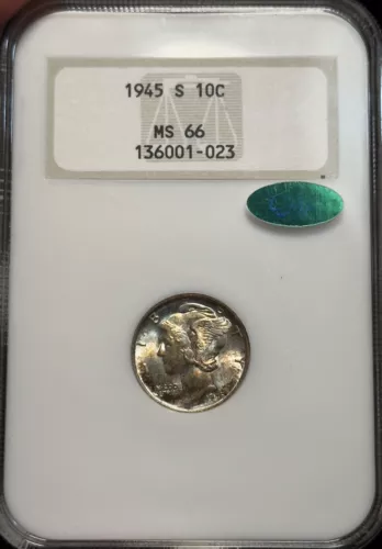 1945-S MS66 Toned Mercury Dime CAC NGC Gold Embossed Fatty Old Holder Rare